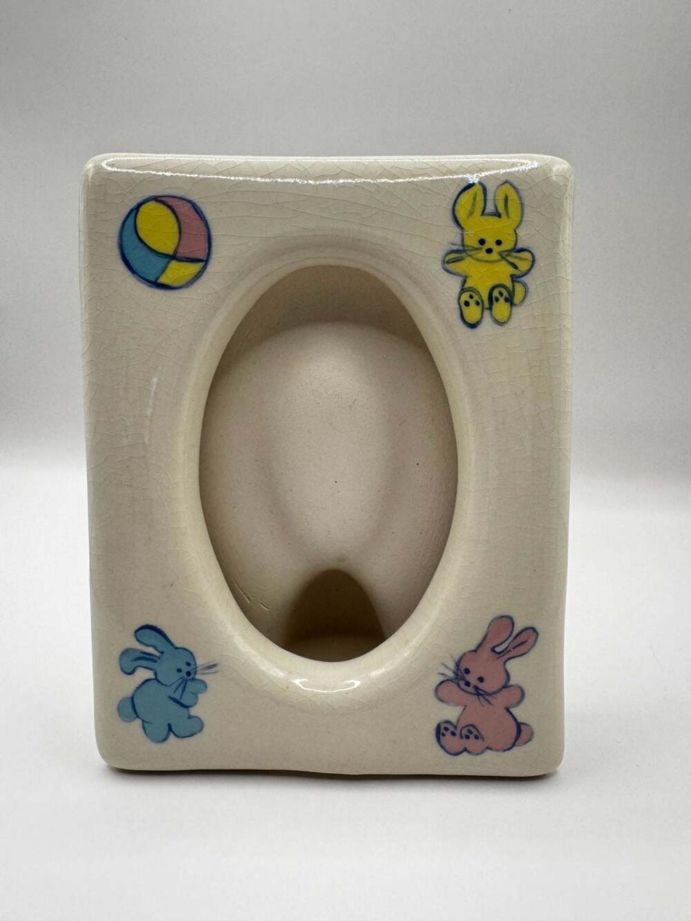 Vintage Ceramic Picture Frame with Pastel Bunny and Ball Nursery
